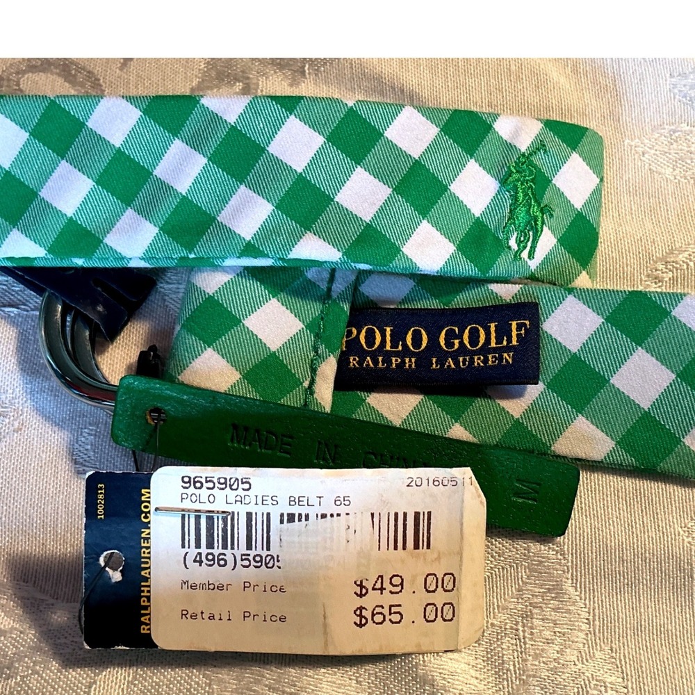 Polo Golf Ralph Lauren Belt Womens Medium Green White Gingham New D-Ring Pony